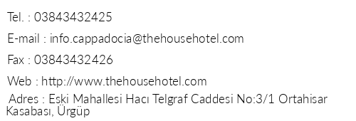 The House Hotel Cappadocia telefon numaralar, faks, e-mail, posta adresi ve iletiim bilgileri